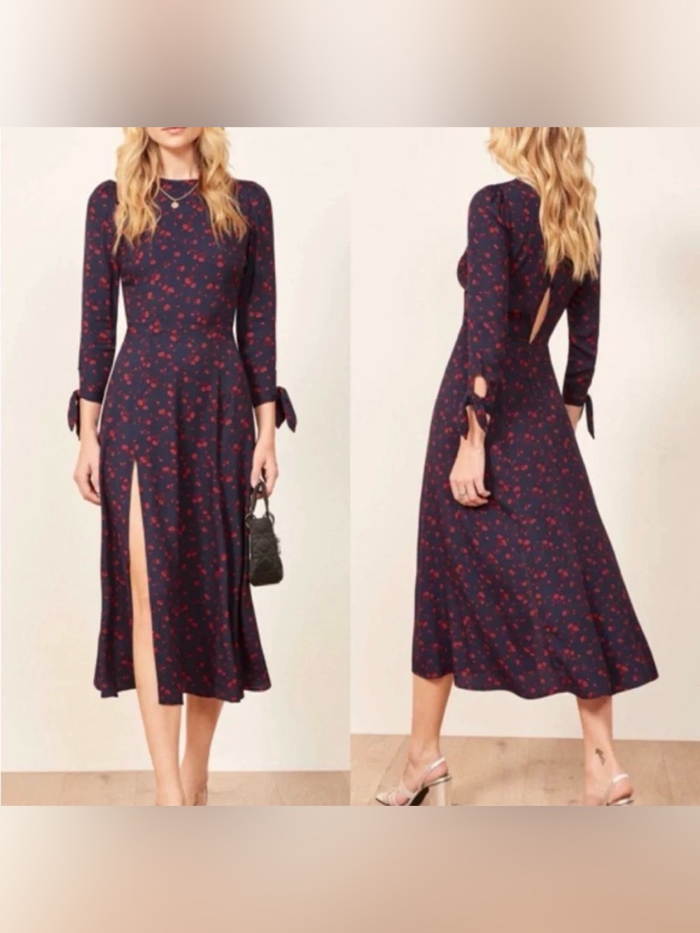 Reformation Zelda Dress Navy & Red Floral Long Sleeve Women's Size 2 RRP $218